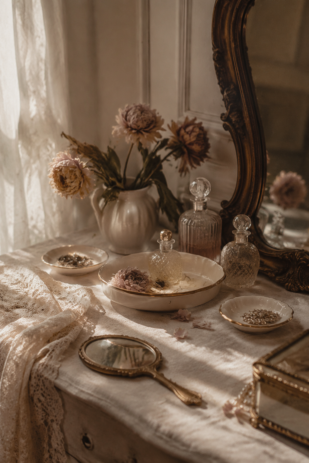 A vintage vanity styled with ceramic trays and dried peonies