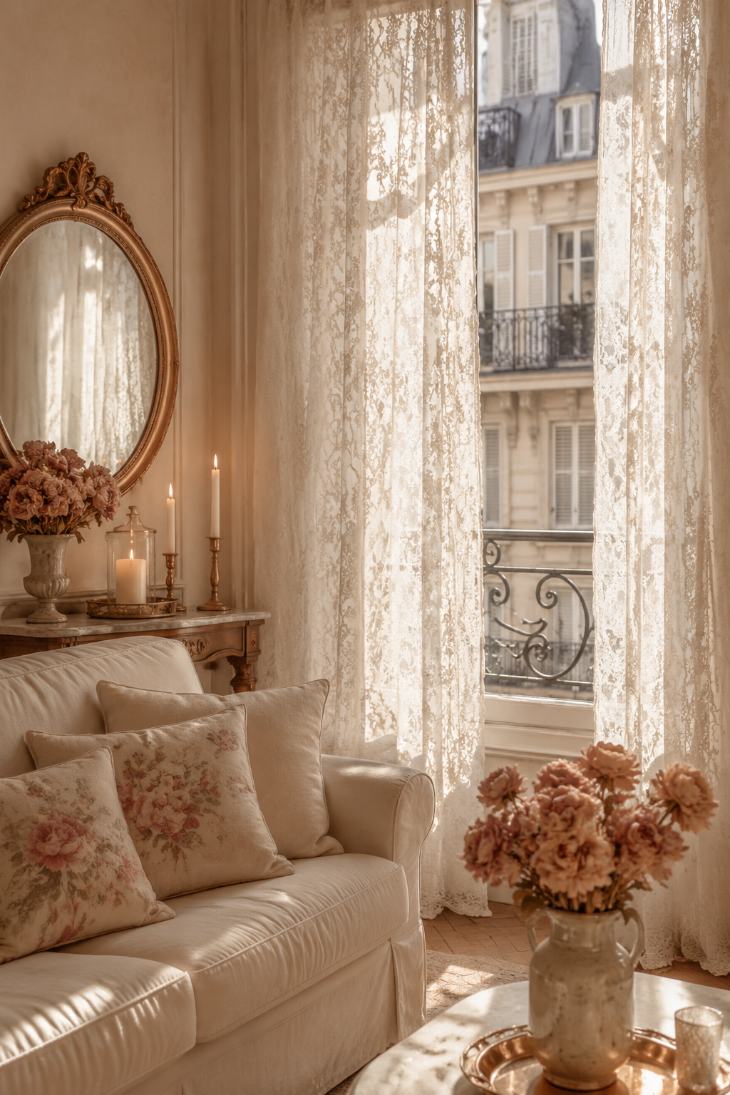 A sunlit Parisian living room dressed in lace and candlelight